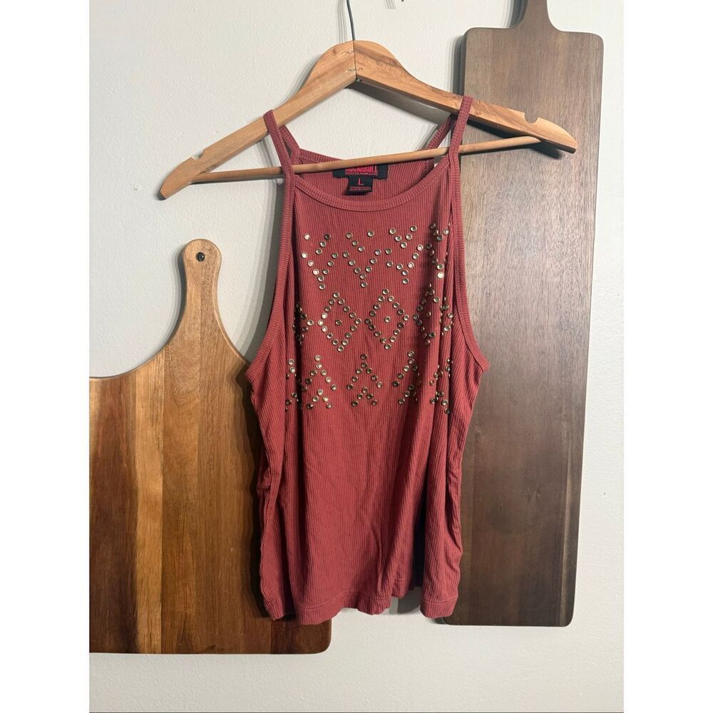 Rock & Roll Denim Rust Ribbed Knit Embellished Stud Halter Tank Top Large